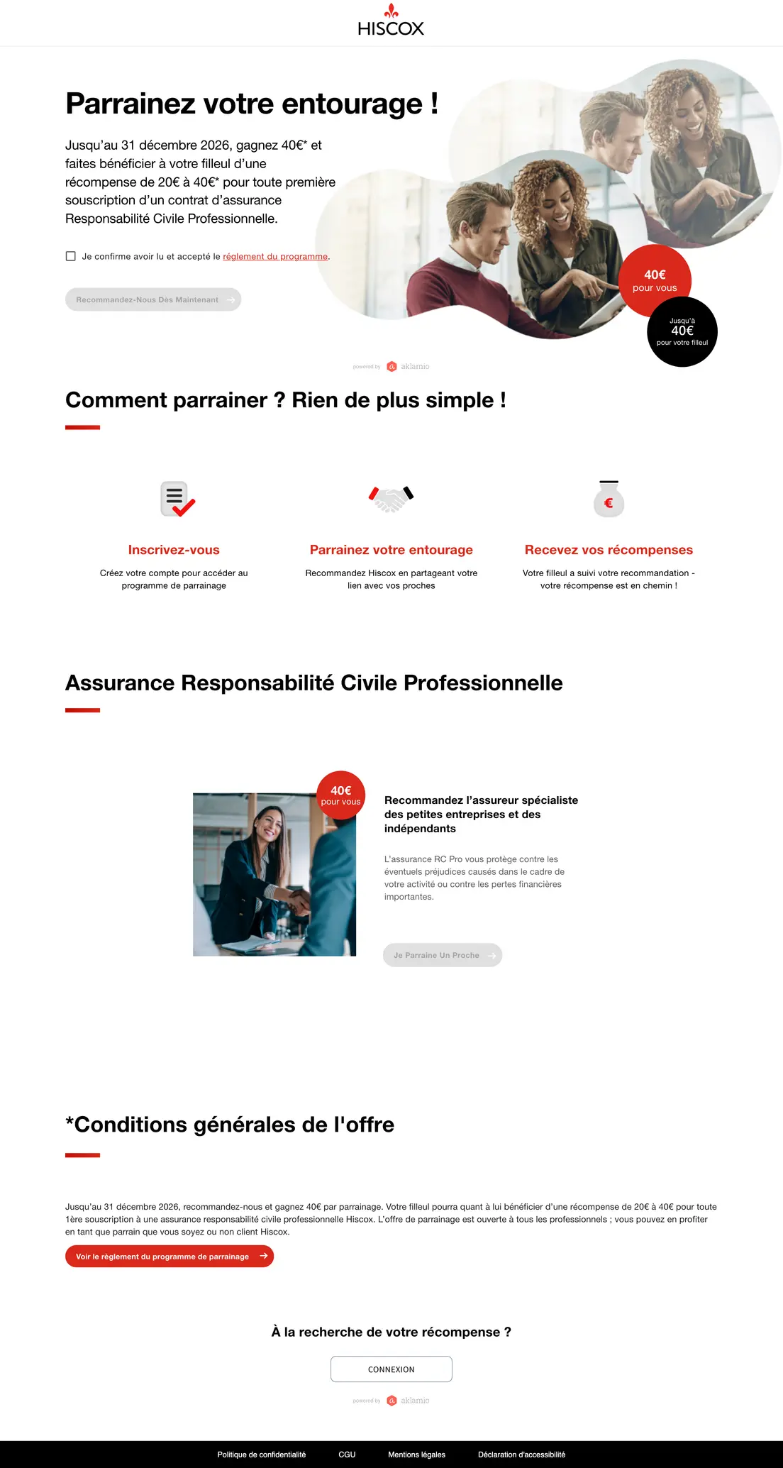 Die Freunde-werben-Seite von Hiscox Frankreich, betrieben mit Aklamio