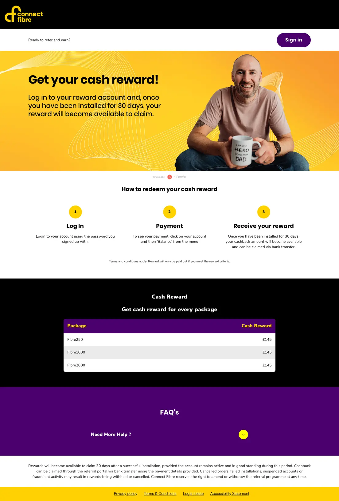 Connect Fibre's cash reward page, powered by Aklamio