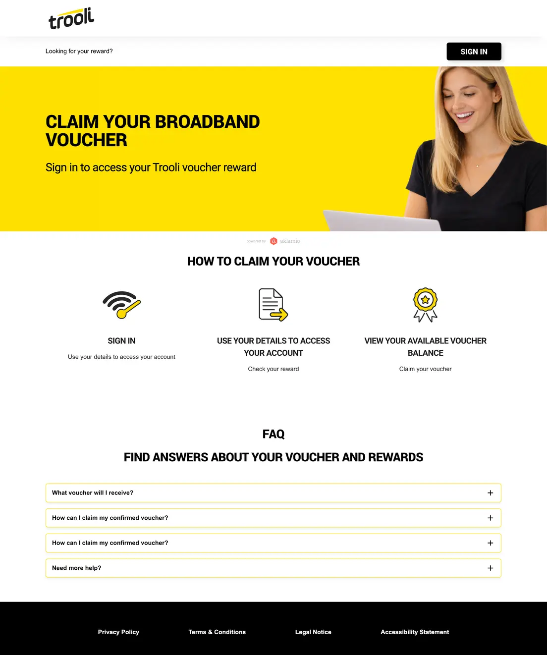 Trooli's broadband voucher claim page, powered by Aklamio