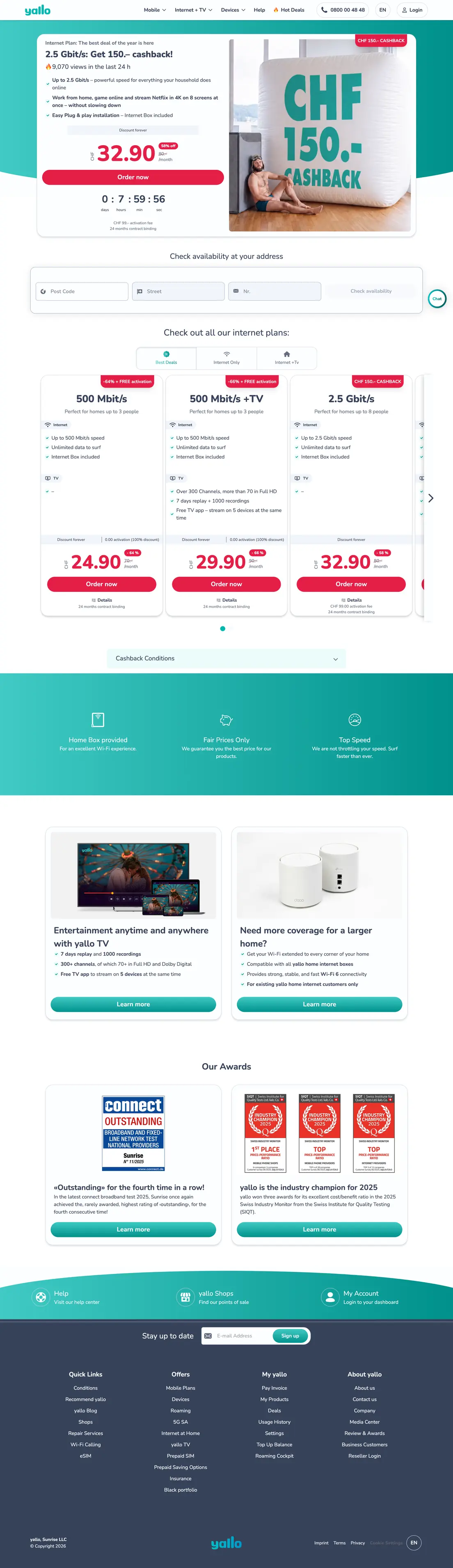 yallo's home internet page offering CHF 150 cashback on a 2.5 Gbit/s plan