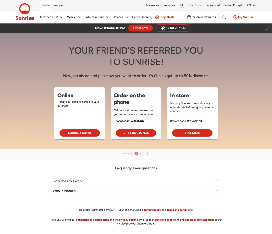 Sunrise's referral landing page, where a referred friend arrives, powered by Aklamio