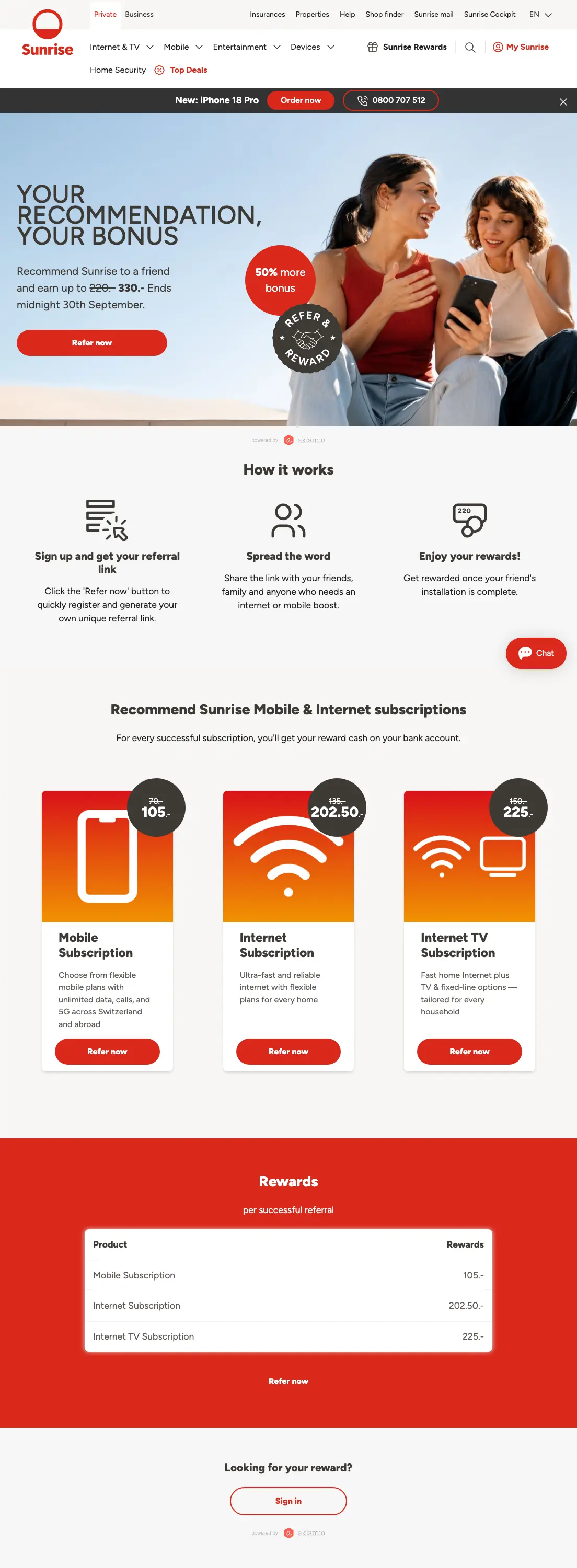 Sunrise's recommend-us page, powered by Aklamio