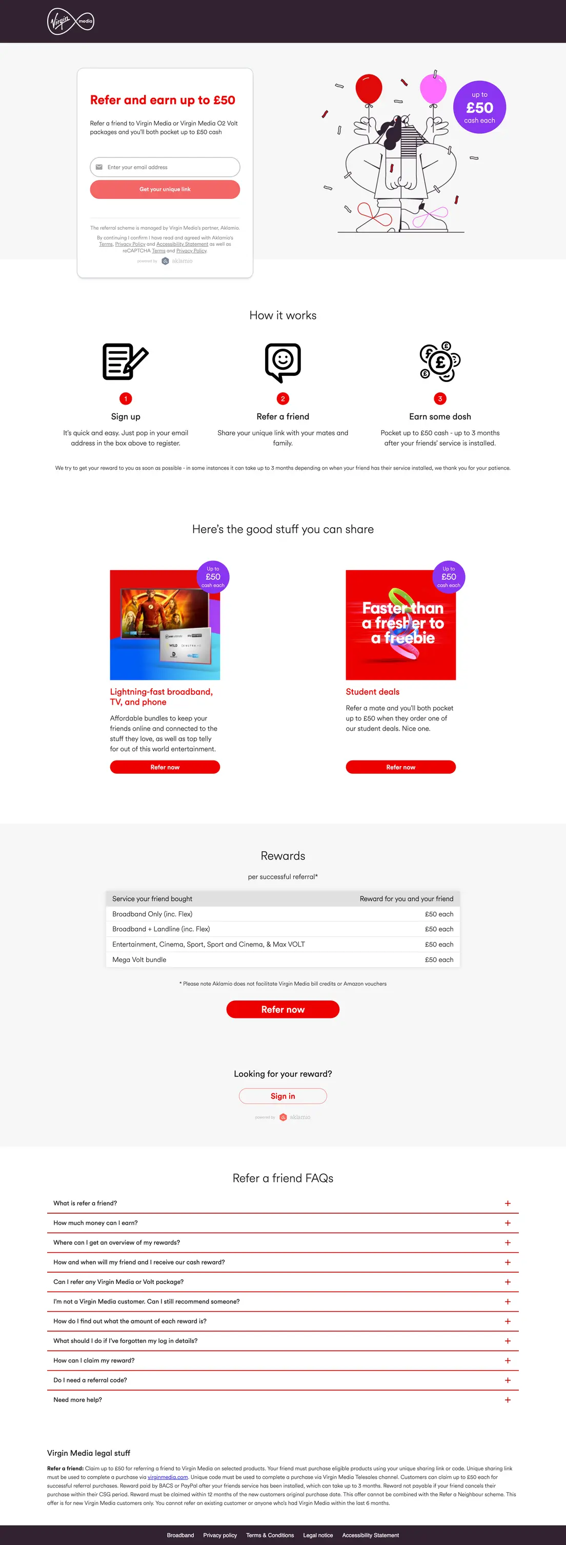 Virgin Media's refer-a-friend page, powered by Aklamio