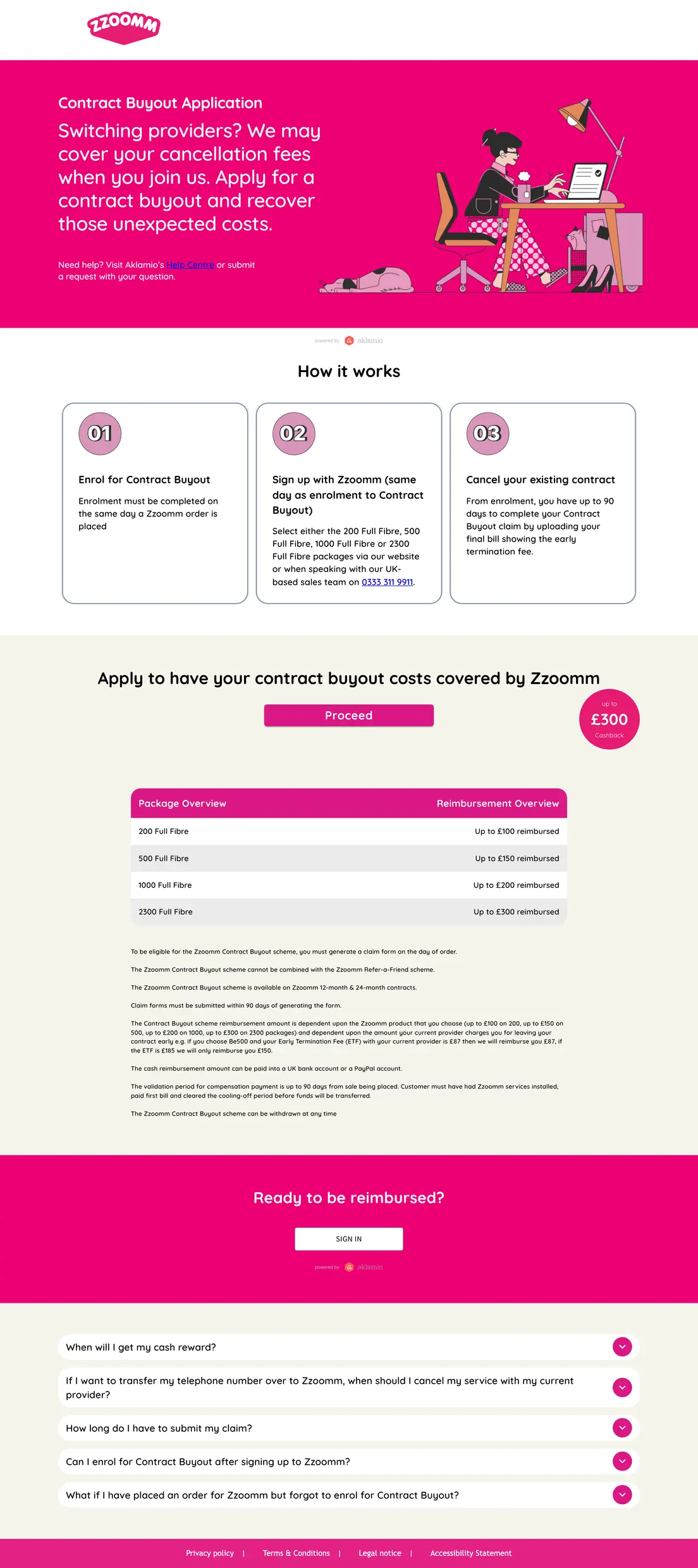 Die Contract-Buyout-Seite von Zzoomm, betrieben mit Aklamio