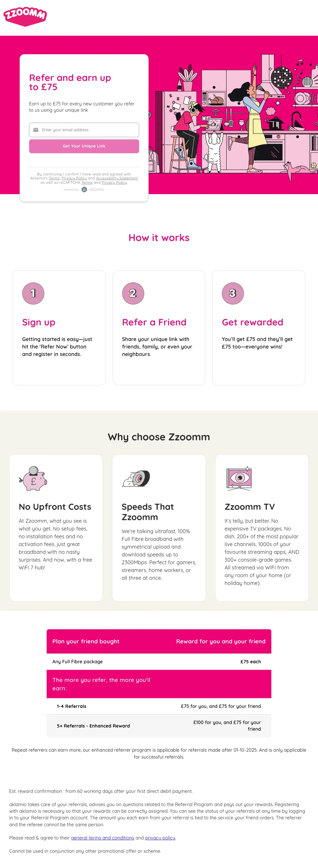 Zzoomm's refer-a-friend page, powered by Aklamio