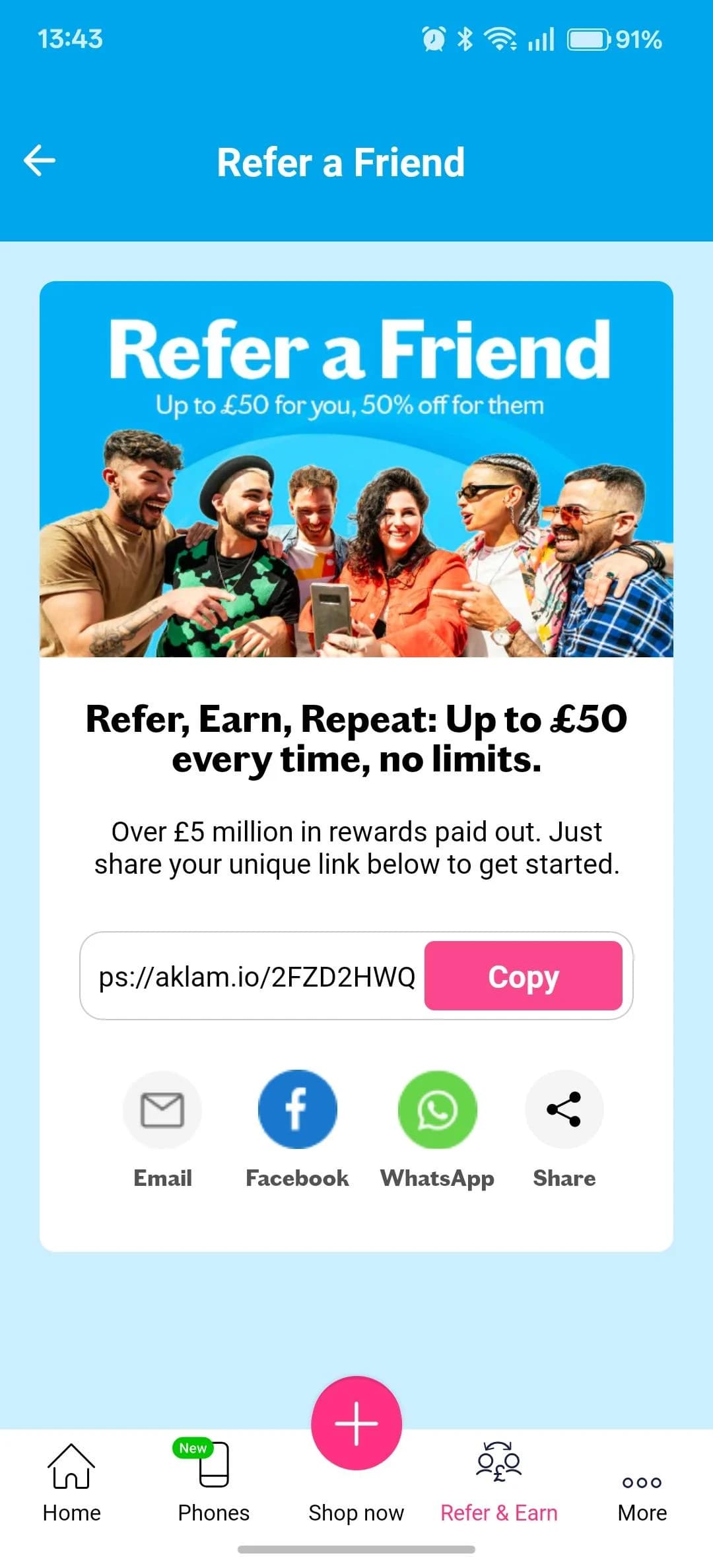 The Refer a Friend screen in the Lebara app: up to £50 for you, 50% off for them, with a personal aklam.io link to copy and share