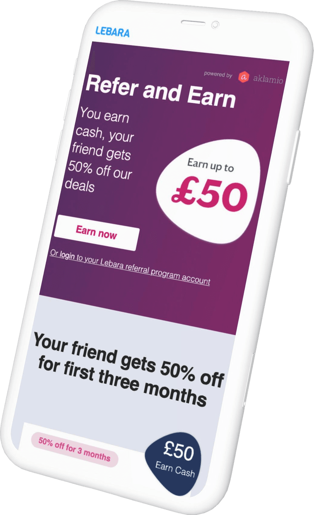 The Lebara Refer and Earn portal on a phone, showing a cash reward for the referrer and an offer for the referred friend