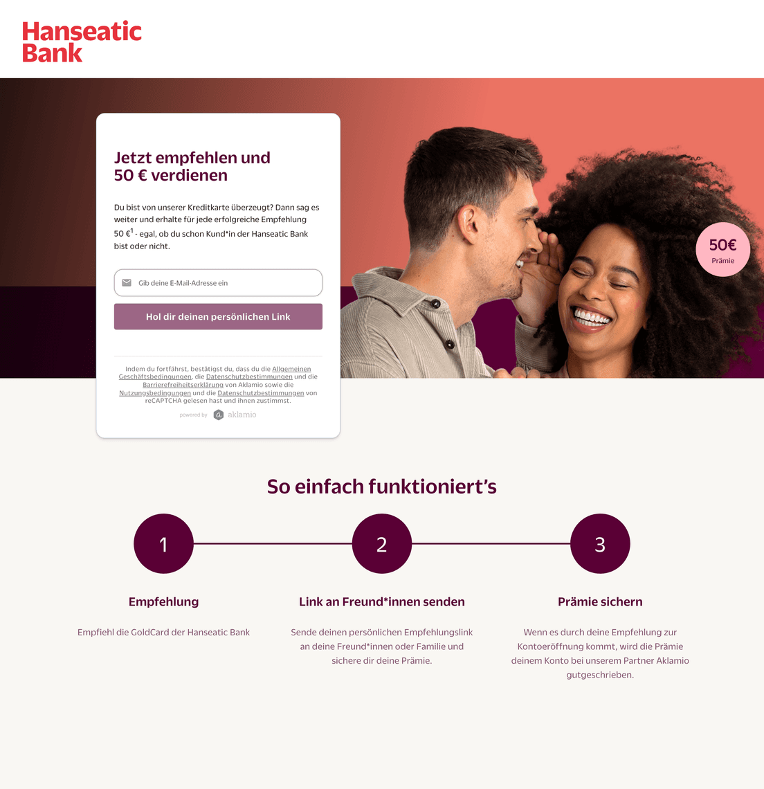 Hanseatic Bank's refer-a-friend page, powered by Aklamio