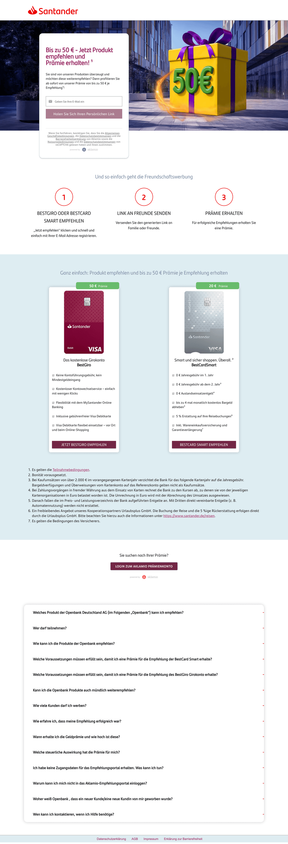 Santander Germany's refer-a-friend page, powered by Aklamio