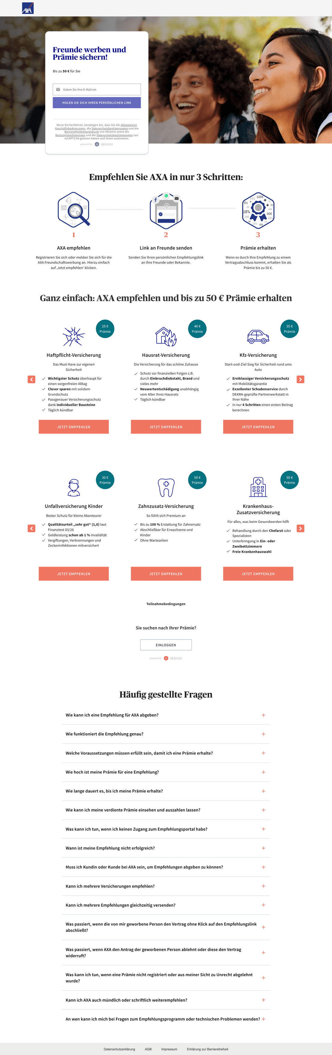 AXA Germany's refer-a-friend page, powered by Aklamio