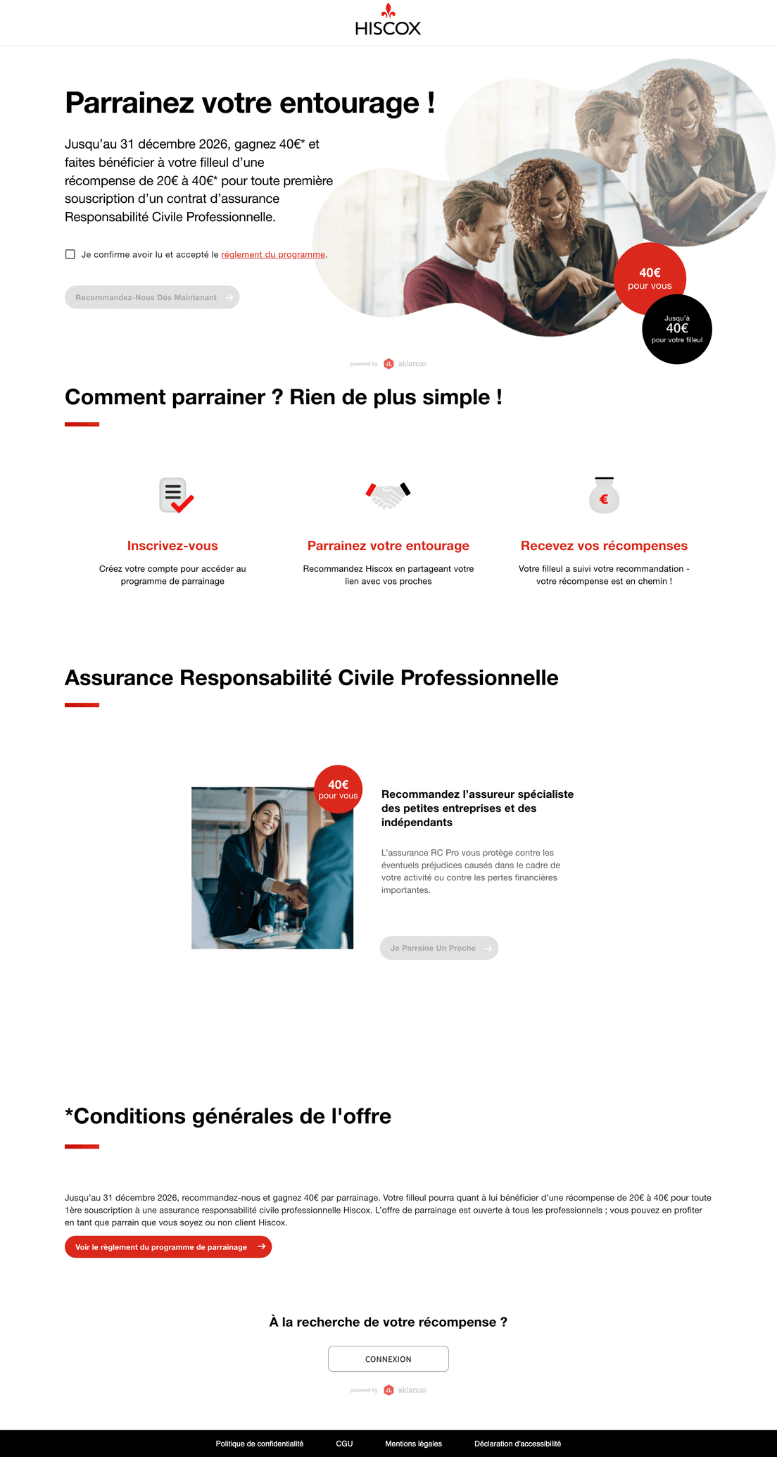Hiscox France's refer-a-friend page, powered by Aklamio