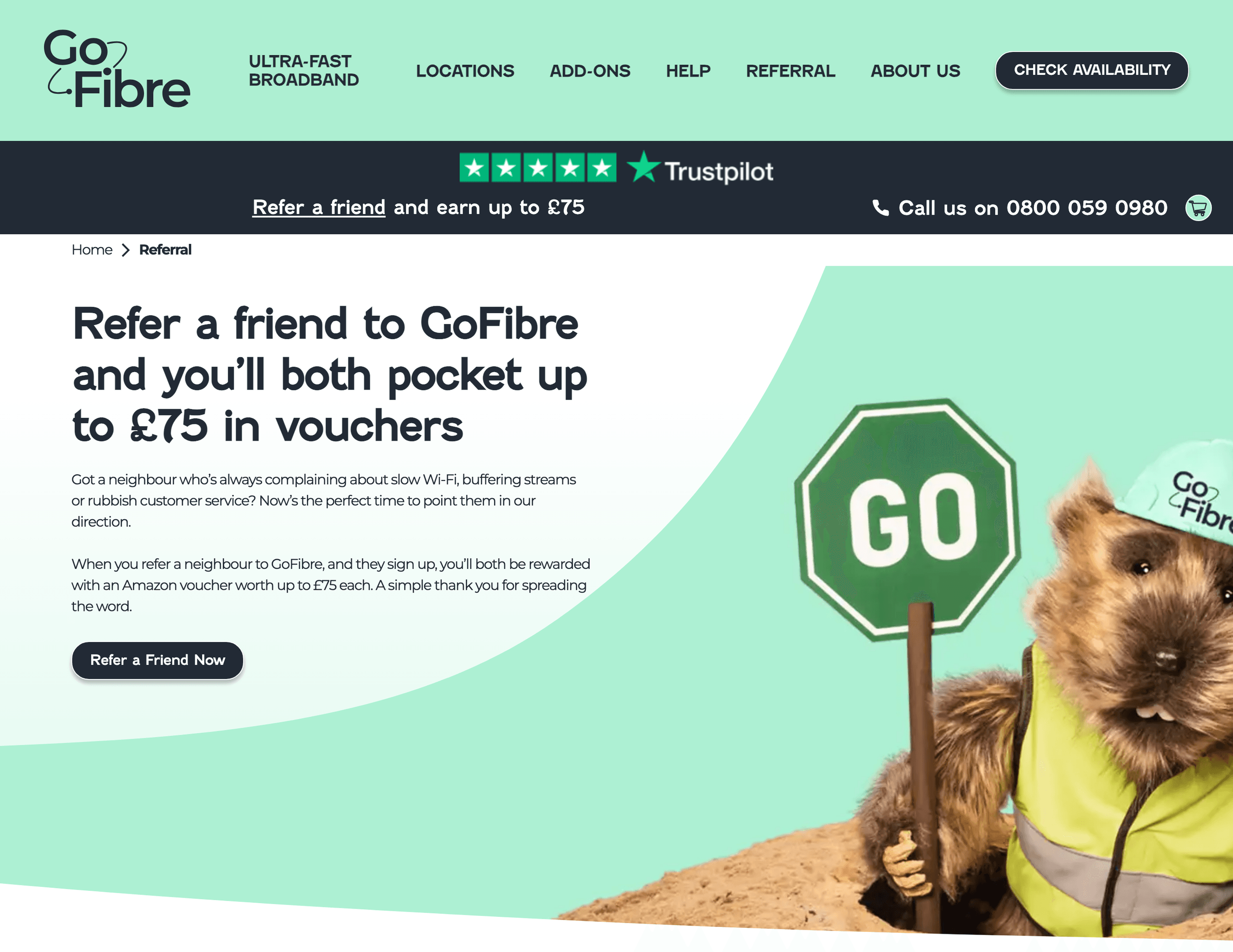 GoFibre's own branded refer-a-friend page, powered by Aklamio