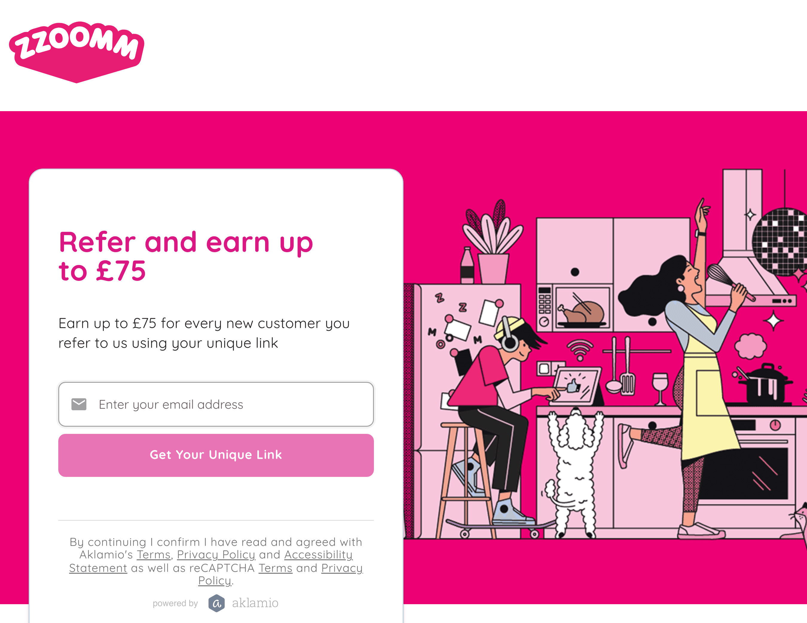 Zzoomm's own branded referral page, powered by Aklamio