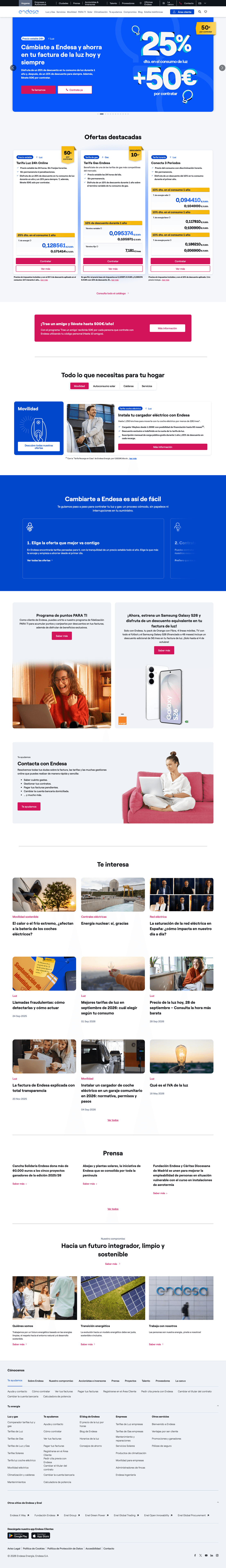 Endesa's homepage running a 25% electricity discount plus 50 EUR sign-up promotion
