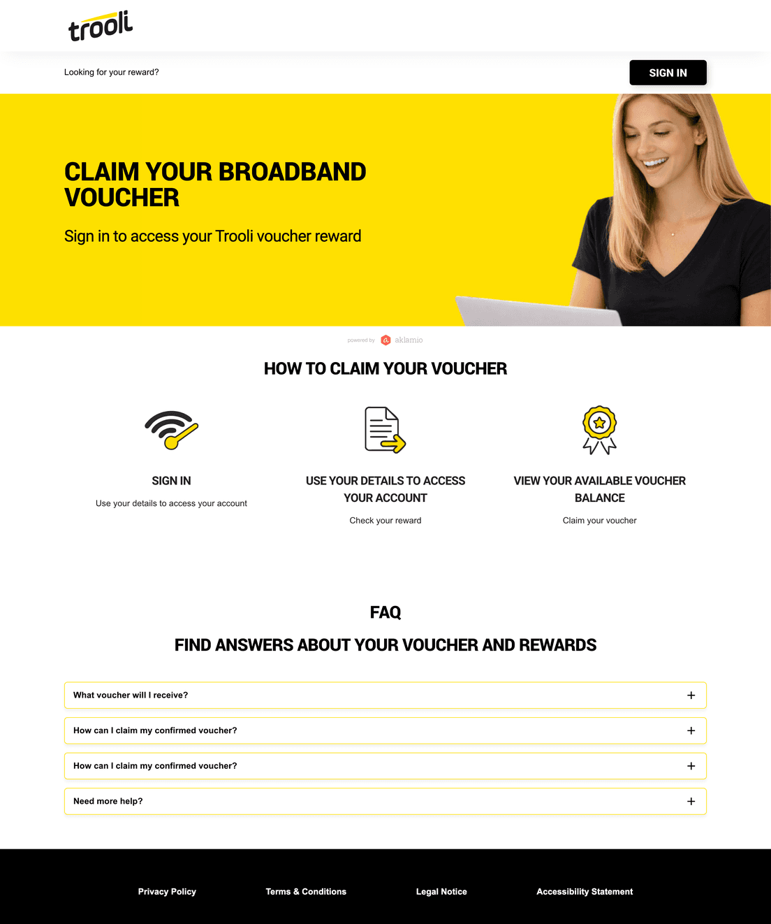 Trooli's broadband voucher claim page, powered by Aklamio