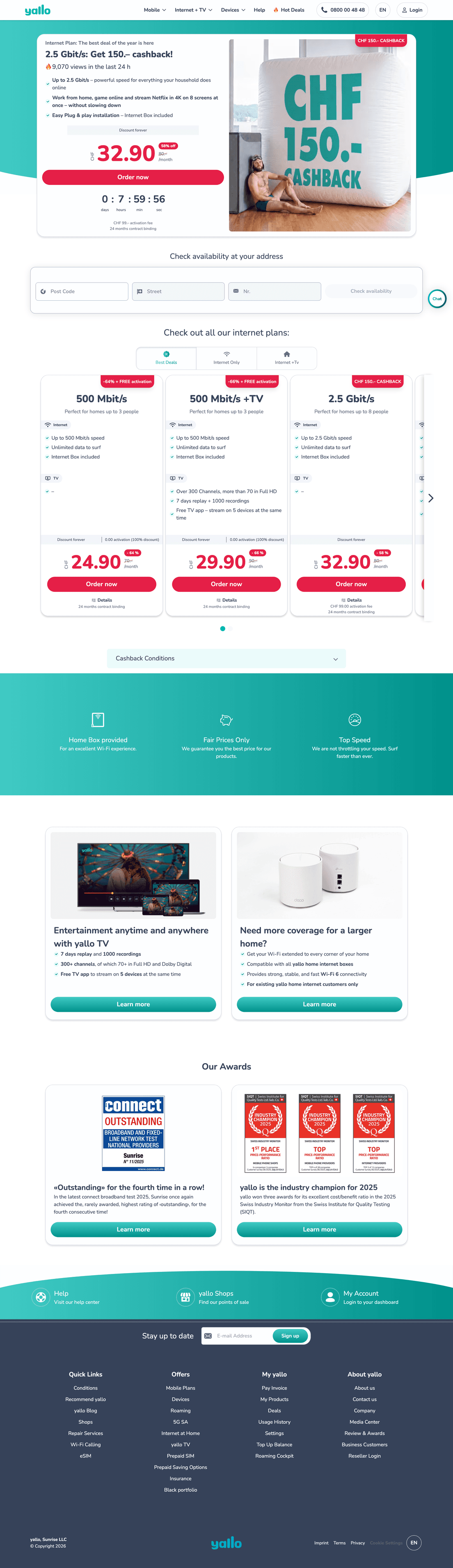 yallo's home internet page offering CHF 150 cashback on a 2.5 Gbit/s plan