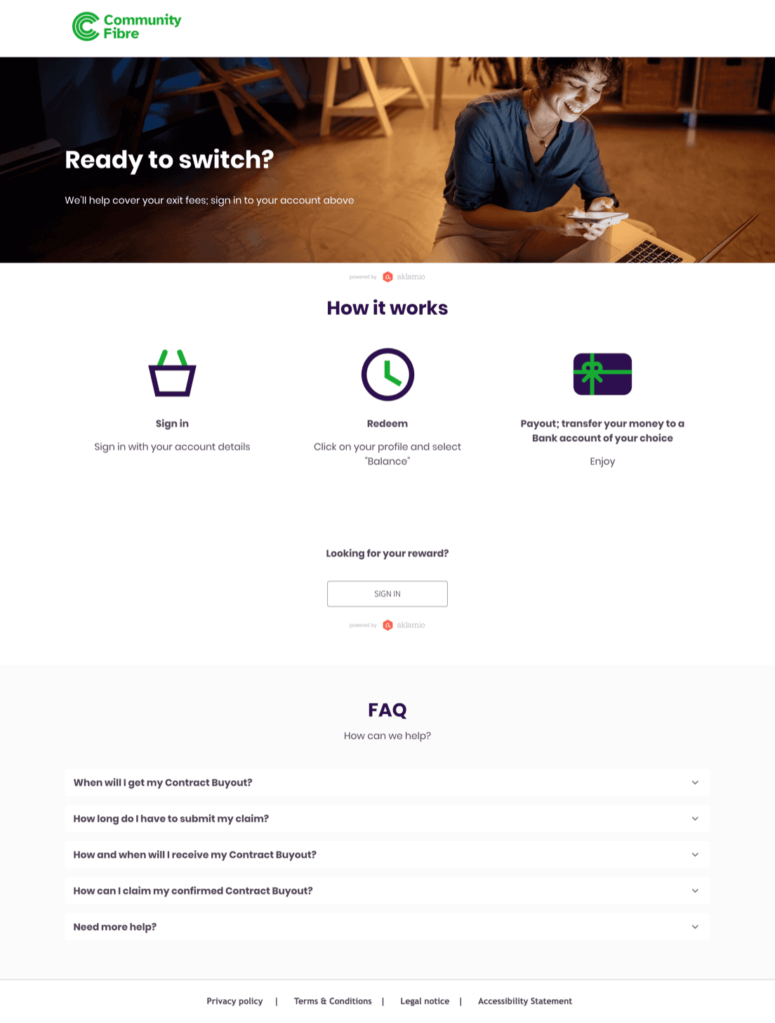Community Fibre's contract buyout page, powered by Aklamio