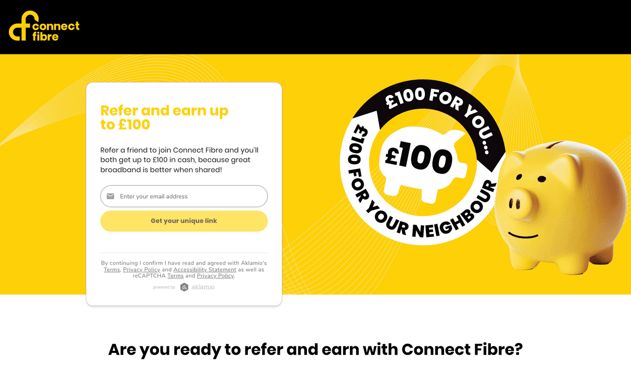 Connect Fibre's refer-a-friend page, powered by Aklamio