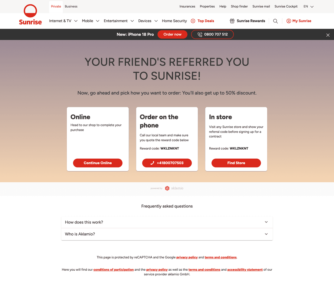 Sunrise's referral landing page, where a referred friend arrives, powered by Aklamio